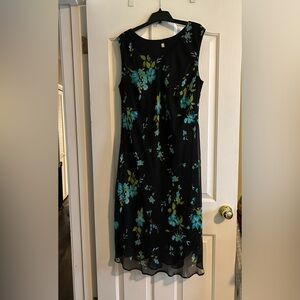 Lined dress with floral overlay and turquoise jacket